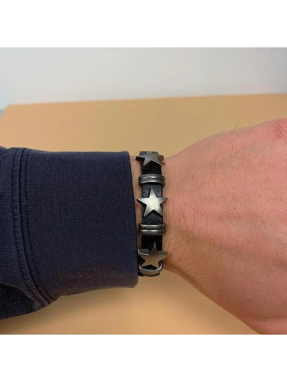 Cyber Y2k style silver star black leather bracelet. Adjustable. Cool design